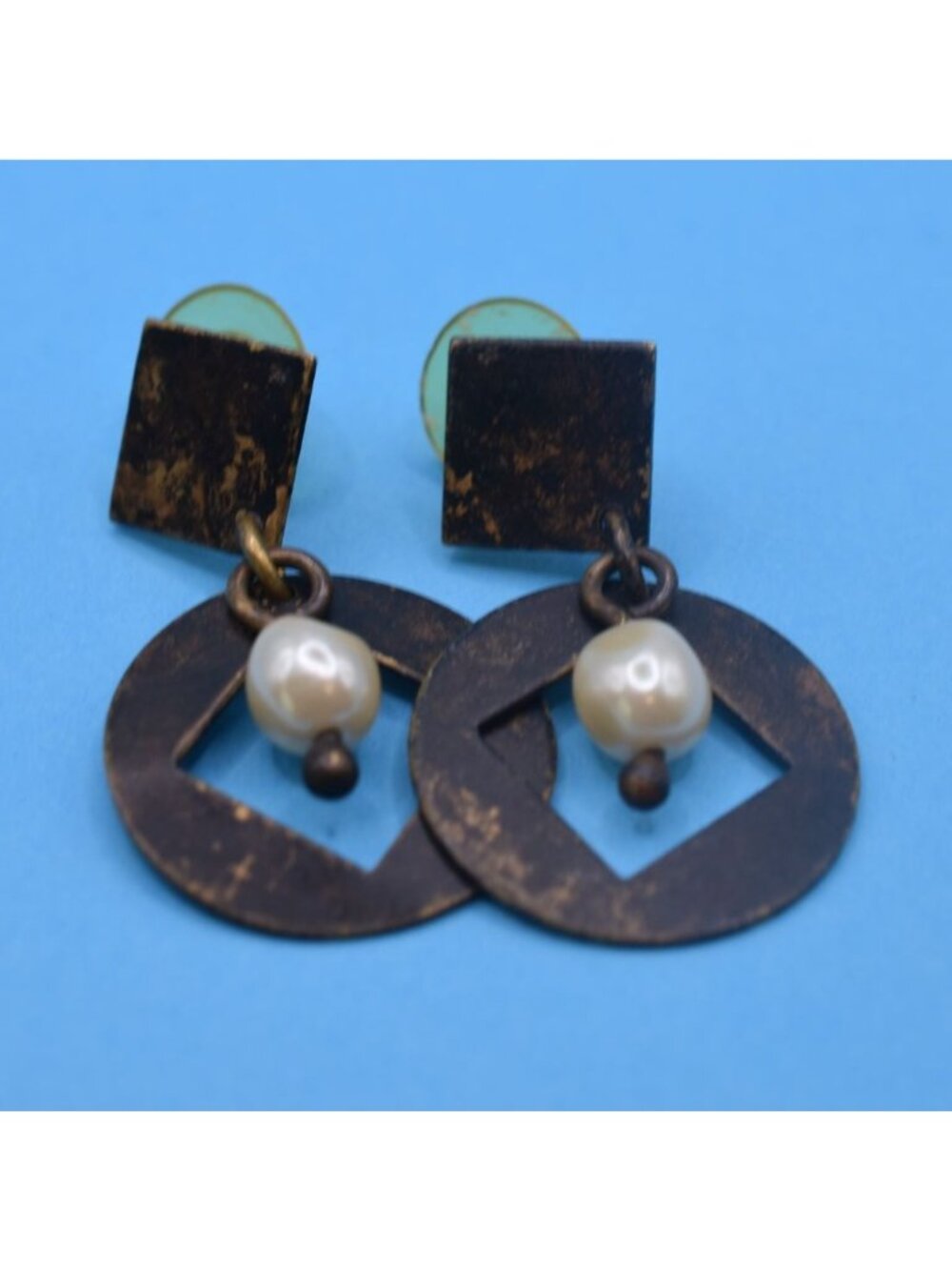 Vintage Brass Geometric Dangle Earrings With Faux Pearl Accents